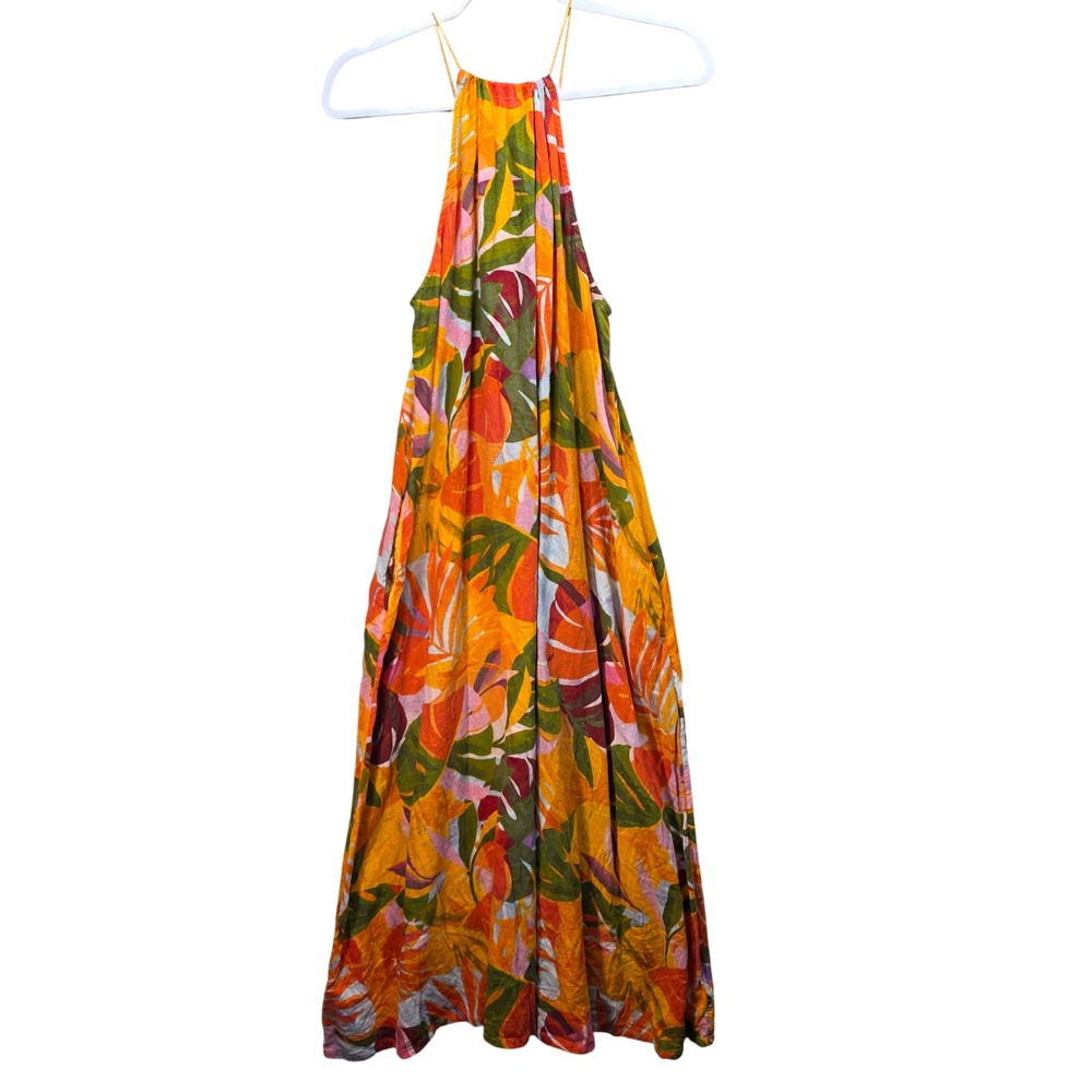 C and C California Halter Maxi Dress Womens L Tropical Leaf Linen Orange Pockets